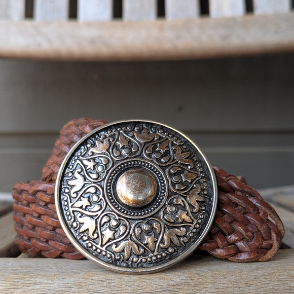 Fossil Braided Brown Leather Belt Medallion Buckle Size Medium - Picture 1 of 6